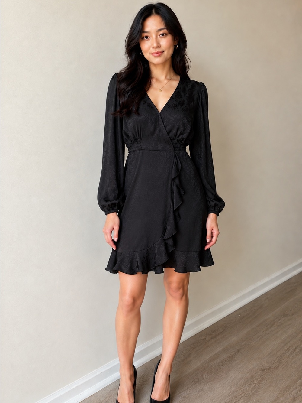 MICHAEL Michael Kors Black Jacquard Wrap Ruffle Mini Dress Size S